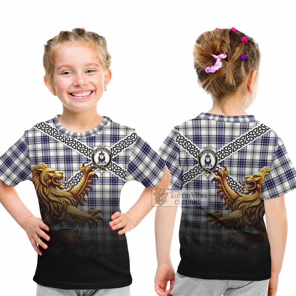 Tartan Vibes Clothing Hannay Crest Tartan Kid T-Shirt with Golden Lion Emblem Celtic Style