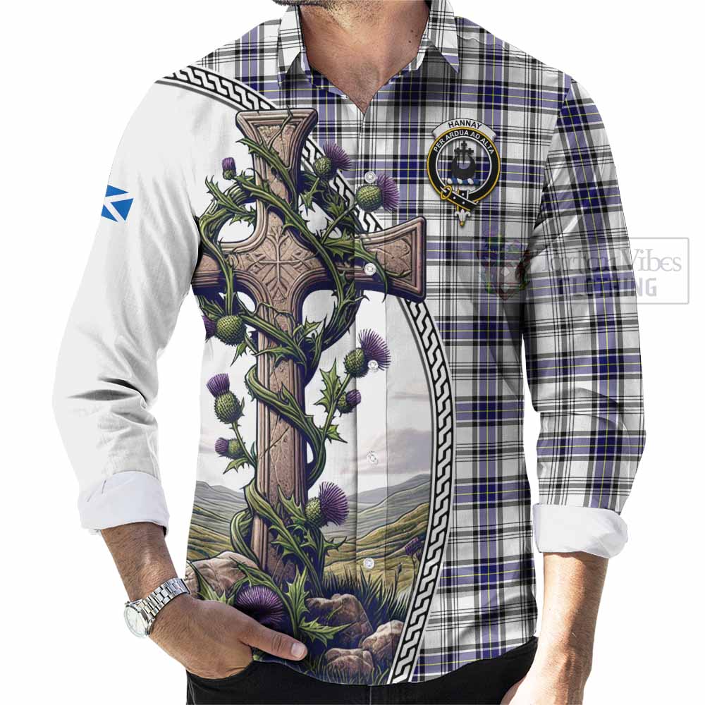 Tartan Vibes Clothing Hannay Tartan Long Sleeve Button Shirt with Family Crest and St. Andrew's Cross Accented by Thistle Vines