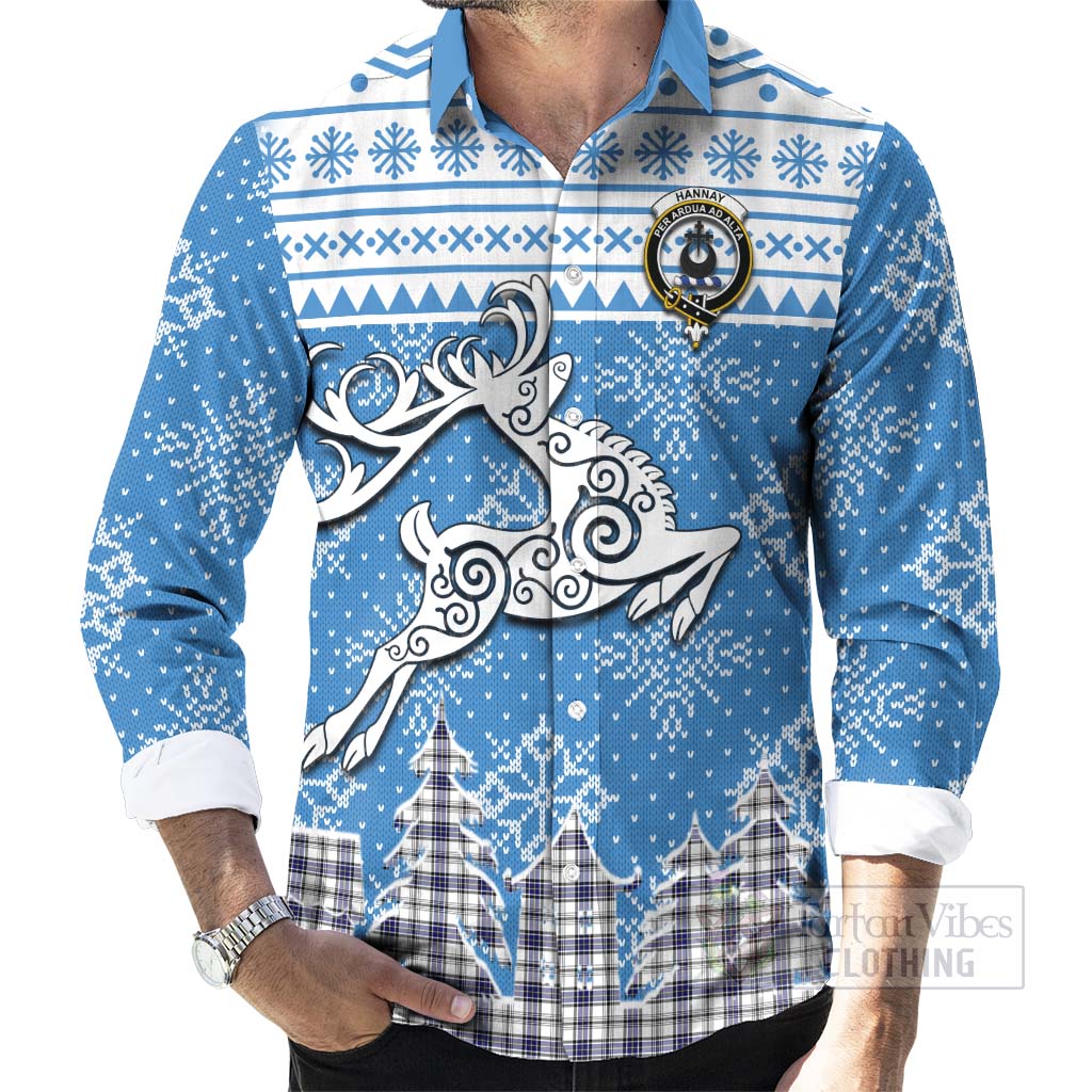 Tartan Vibes Clothing Hannay Clan Christmas Long Sleeve Button Shirt Celtic Reindeer Style