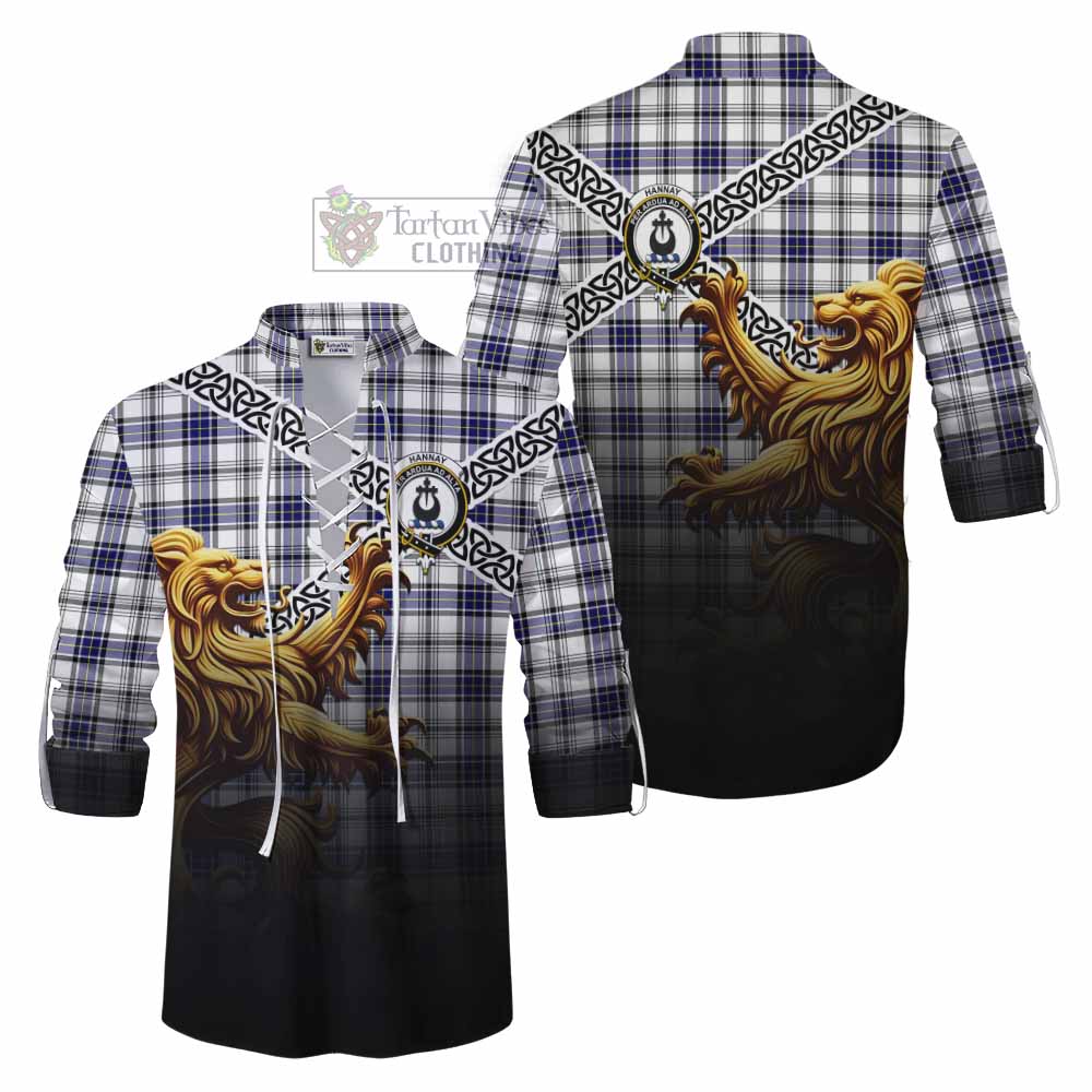 Tartan Vibes Clothing Hannay Crest Tartan Ghillie Kilt Shirt with Golden Lion Emblem Celtic Style