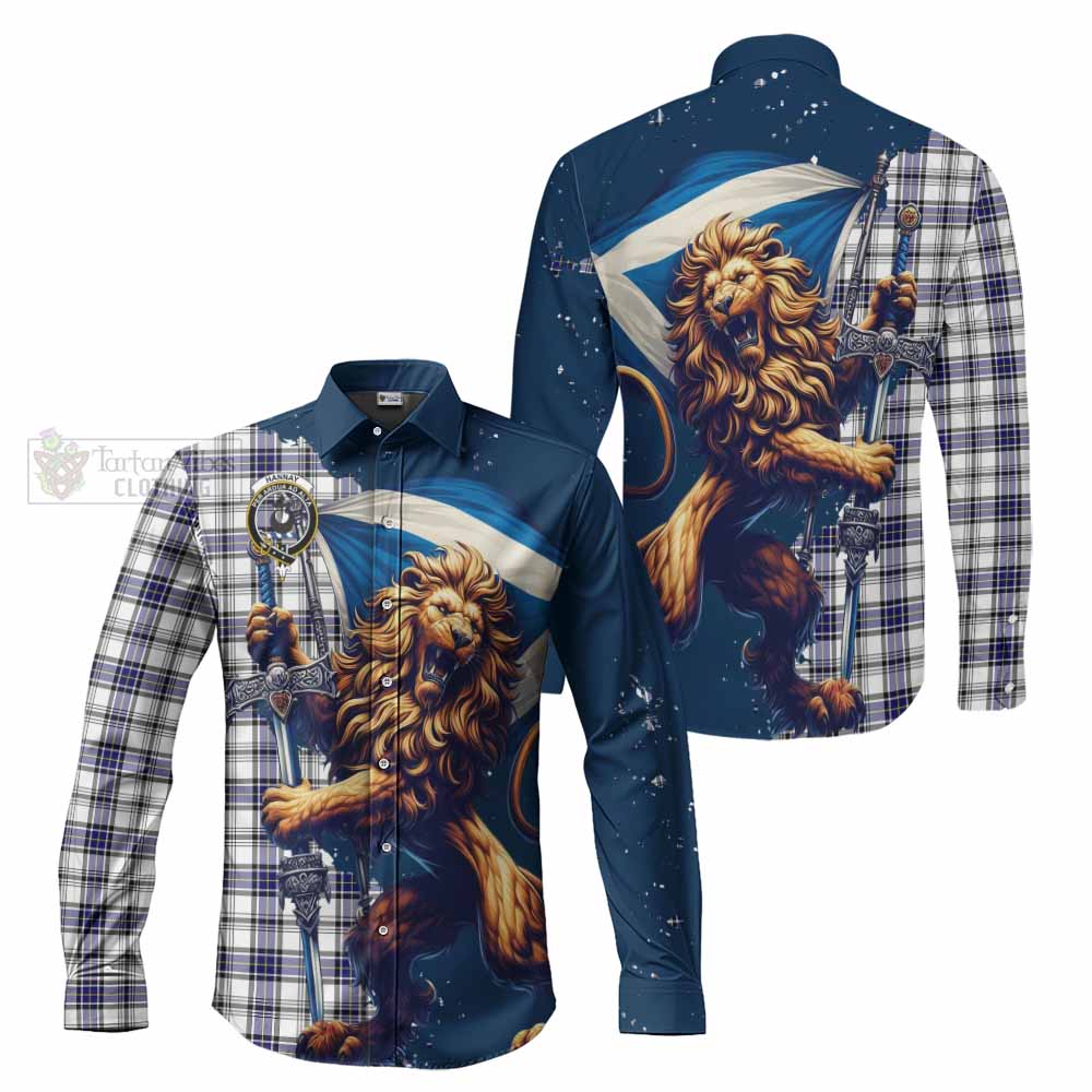 Tartan Vibes Clothing Hannay Tartan Family Crest Long Sleeve Button Shirt with Scottish Majestic Lion