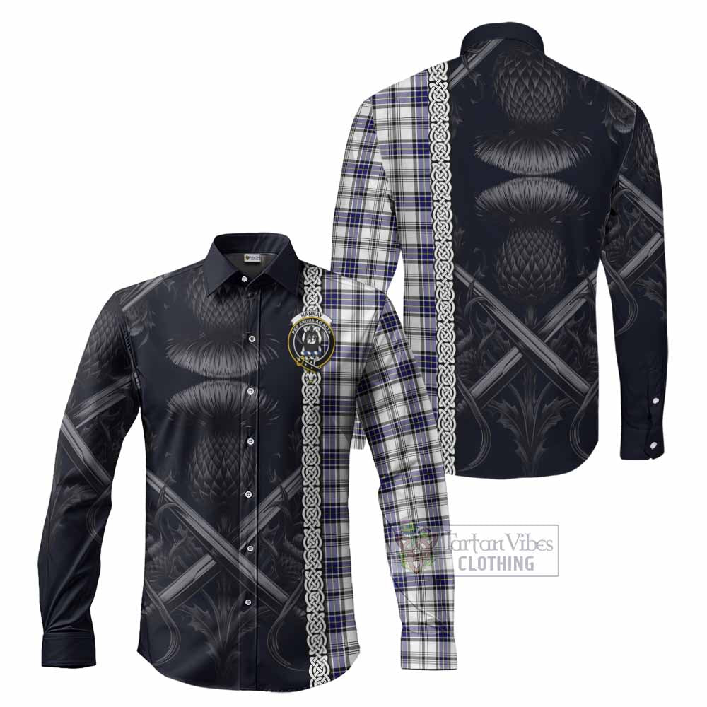 Tartan Vibes Clothing Hannay Tartan Long Sleeve Button Shirt with Family Crest Cross Sword Thistle Celtic Vibes