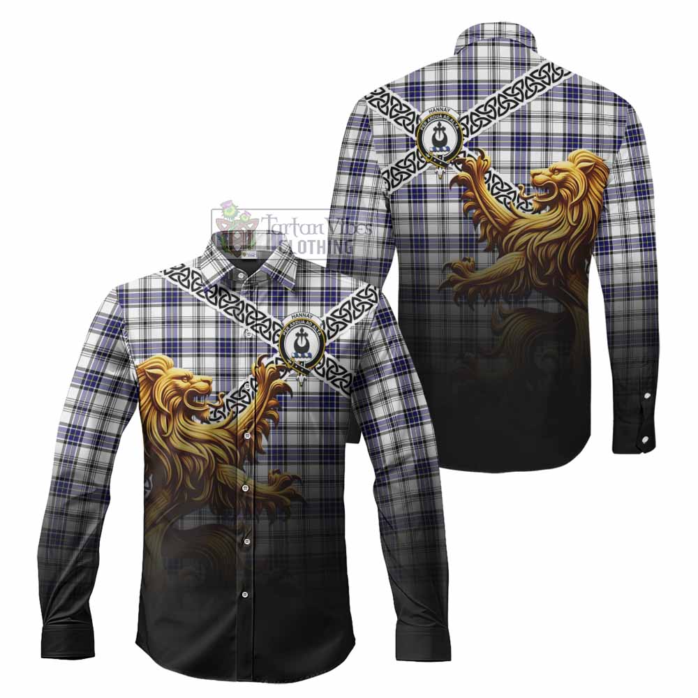 Tartan Vibes Clothing Hannay Crest Tartan Long Sleeve Button Shirt with Golden Lion Emblem Celtic Style