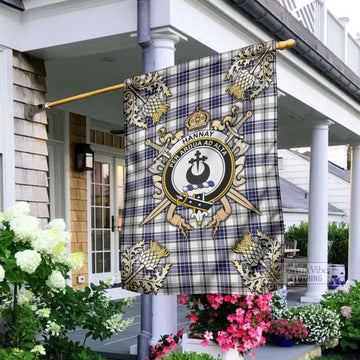 Hannay Tartan Garden Flag with Family Crest and Golden Thistle Crossed Sword Design