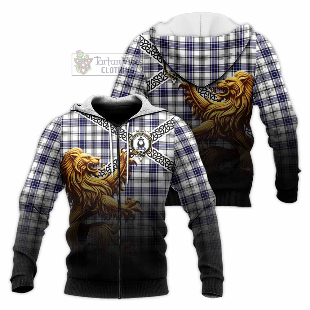 Tartan Vibes Clothing Hannay Crest Tartan Knitted Hoodie with Golden Lion Emblem Celtic Style