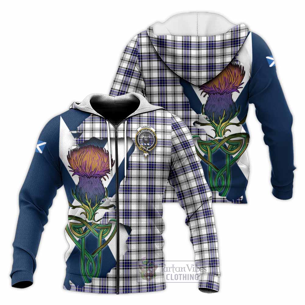 Tartan Vibes Clothing Hannay Tartan Family Crest Knitted Hoodie Scottish Thistle Celtic Inspired
