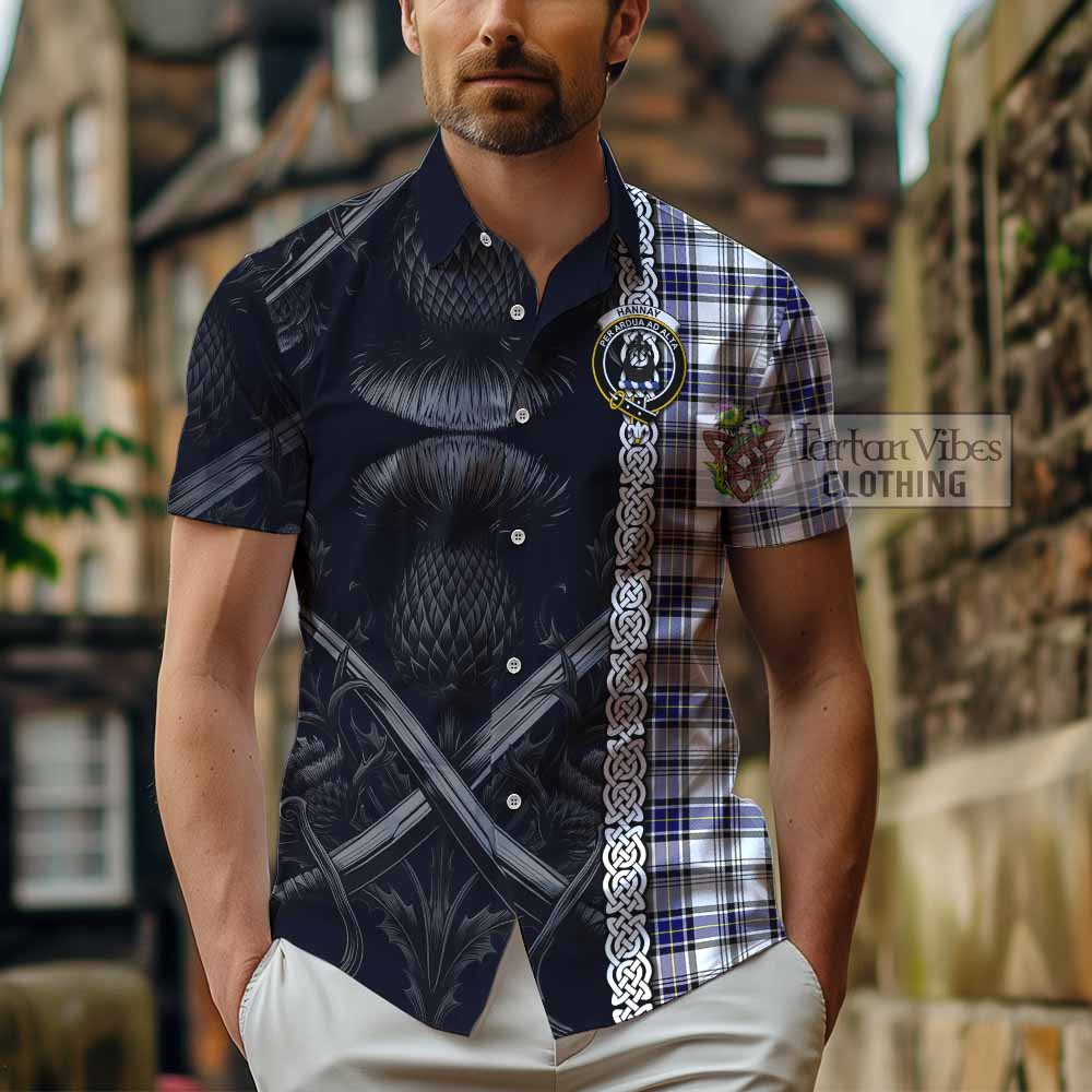 Tartan Vibes Clothing Hannay Tartan Short Sleeve Button Shirt with Family Crest Cross Sword Thistle Celtic Vibes