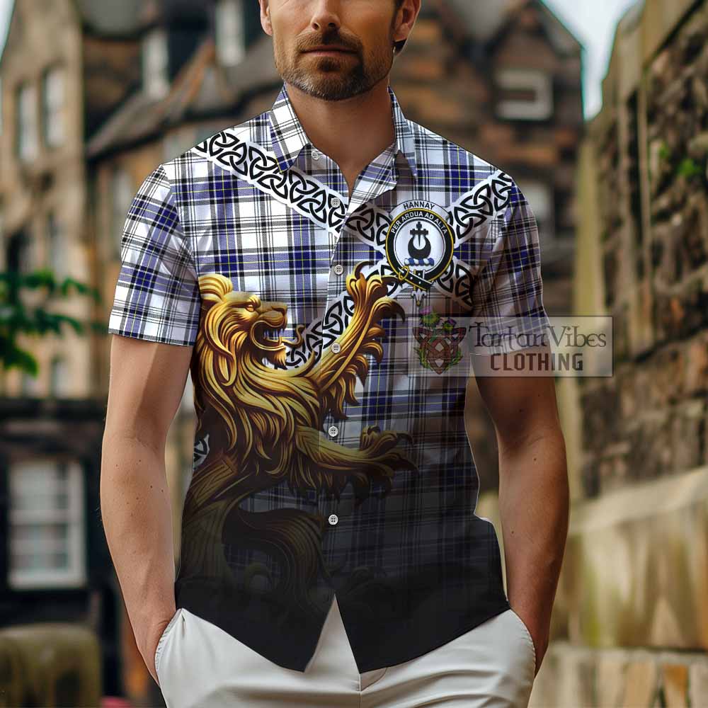 Tartan Vibes Clothing Hannay Crest Tartan Short Sleeve Button Shirt with Golden Lion Emblem Celtic Style