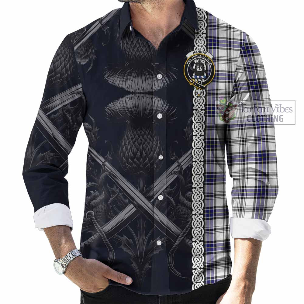 Tartan Vibes Clothing Hannay Tartan Long Sleeve Button Shirt with Family Crest Cross Sword Thistle Celtic Vibes