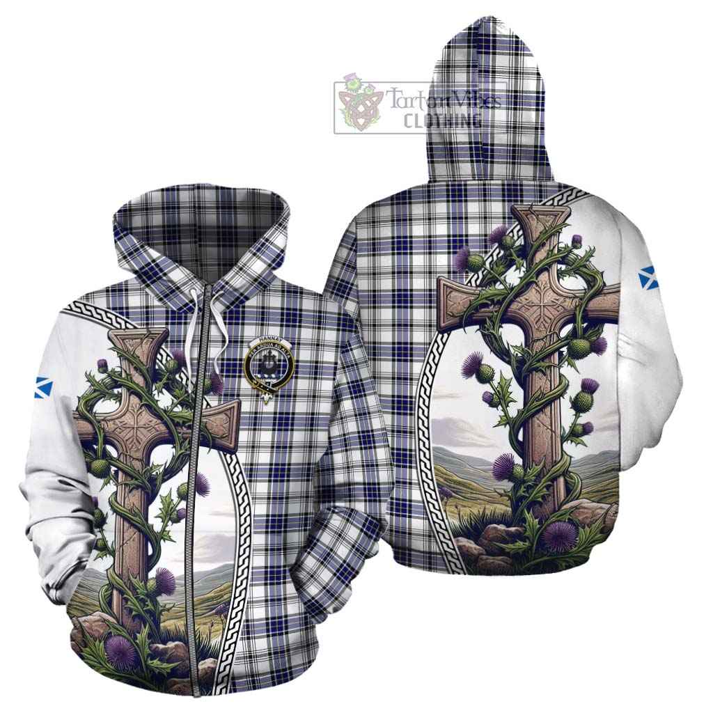 Tartan Vibes Clothing Hannay Tartan Cotton Hoodie with Family Crest and St. Andrew's Cross Accented by Thistle Vines