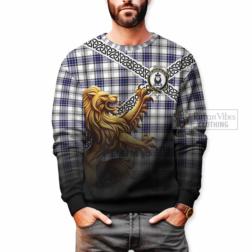 Tartan Vibes Clothing Hannay Crest Tartan Sweatshirt with Golden Lion Emblem Celtic Style