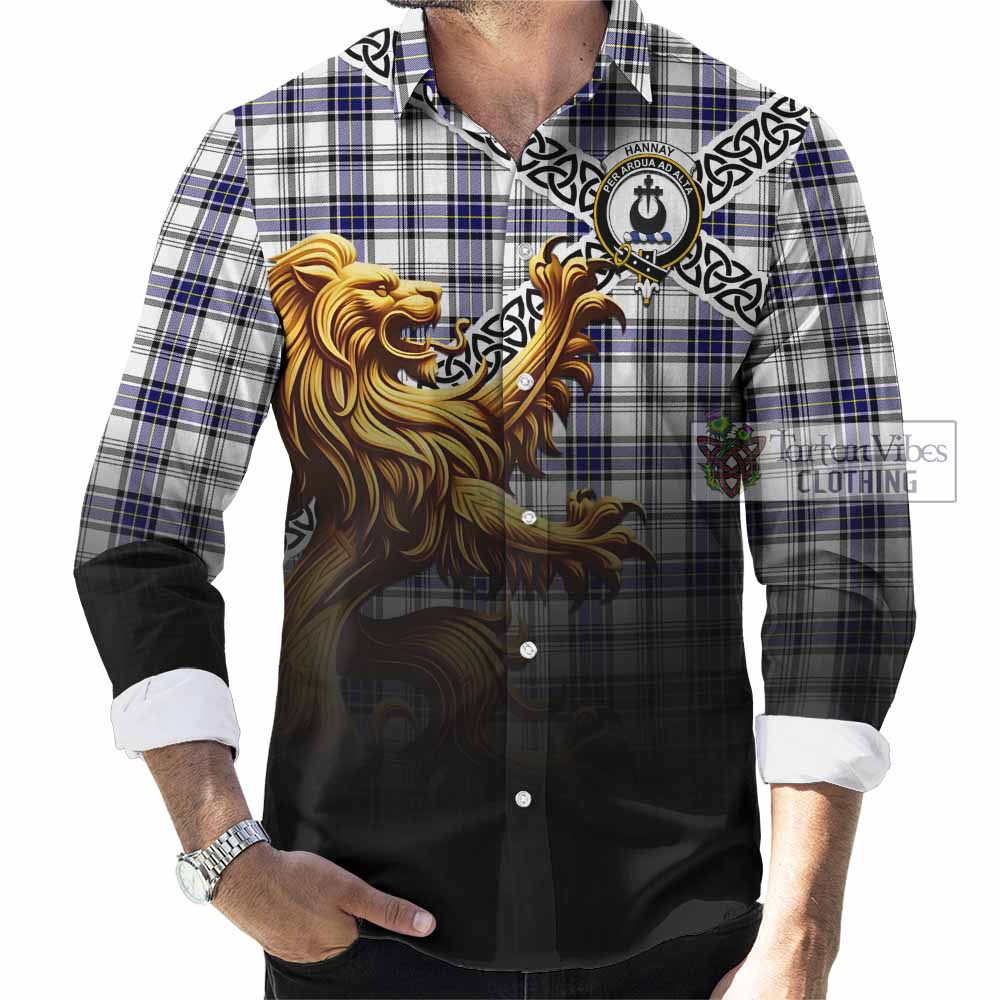 Tartan Vibes Clothing Hannay Crest Tartan Long Sleeve Button Shirt with Golden Lion Emblem Celtic Style