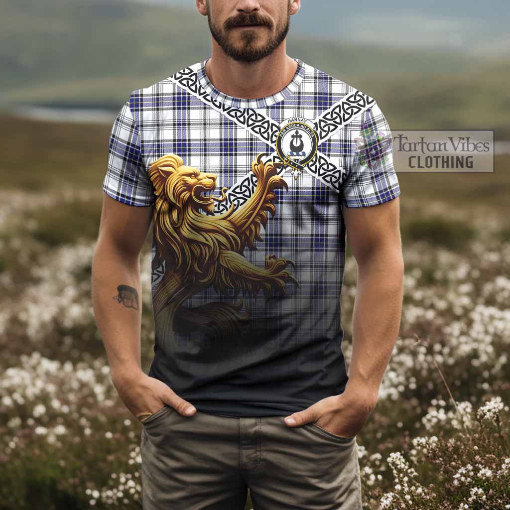 Tartan Vibes Clothing Hannay Crest Tartan T-Shirt with Golden Lion Emblem Celtic Style