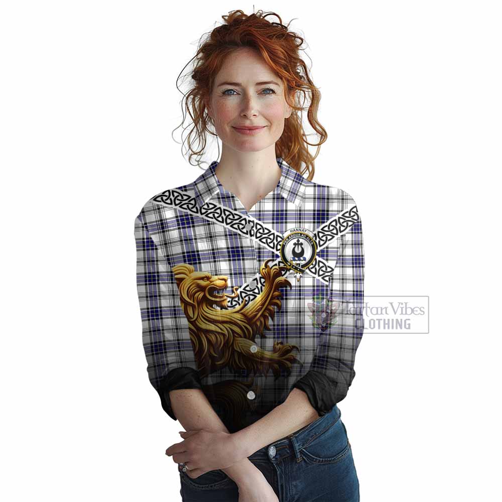 Tartan Vibes Clothing Hannay Crest Tartan Women's Casual Shirt with Golden Lion Emblem Celtic Style