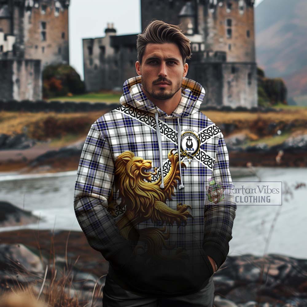 Tartan Vibes Clothing Hannay Crest Tartan Cotton Hoodie with Golden Lion Emblem Celtic Style