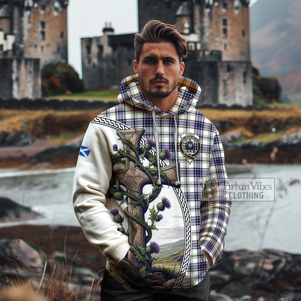 Tartan Vibes Clothing Hannay Tartan Cotton Hoodie with Family Crest and St. Andrew's Cross Accented by Thistle Vines