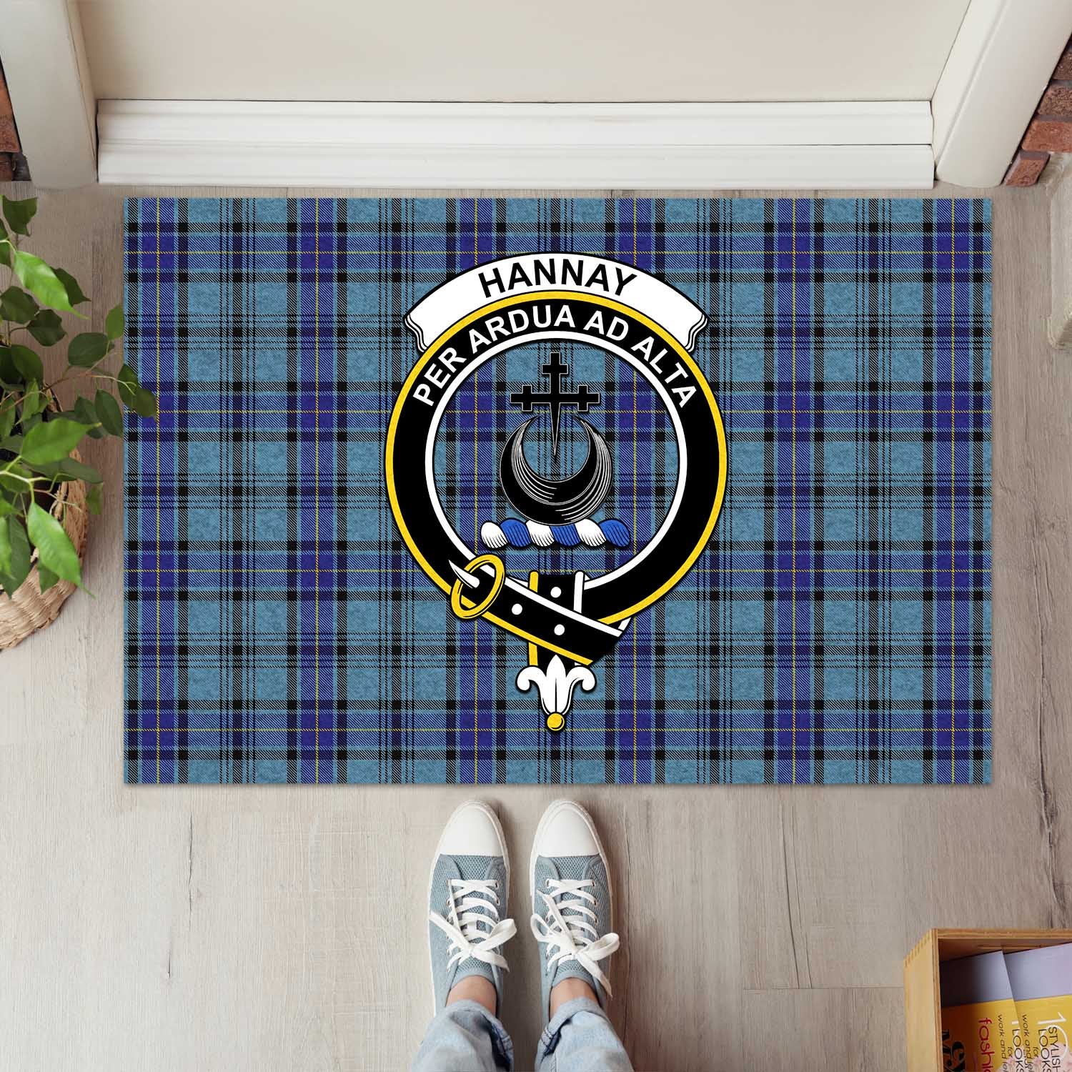 Hannay Blue Tartan Door Mat with Family Crest - Tartanvibesclothing