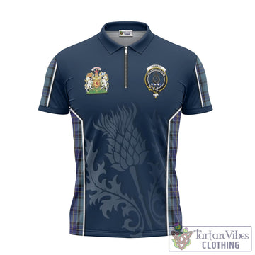 Hannay Blue Tartan Zipper Polo Shirt with Family Crest and Scottish Thistle Vibes Sport Style