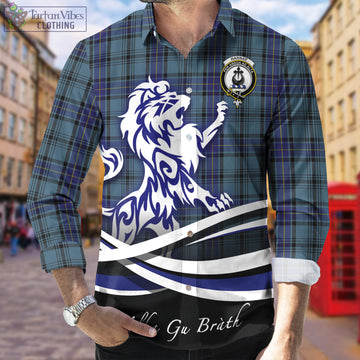 Hannay Blue Tartan Long Sleeve Button Up Shirt with Alba Gu Brath Regal Lion Emblem