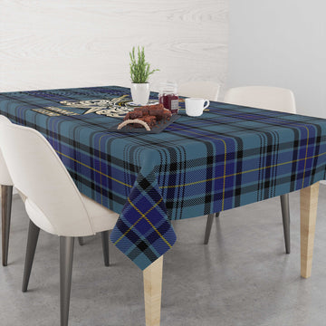 Hannay Blue Tartan Tablecloth with Clan Crest and the Golden Sword of Courageous Legacy