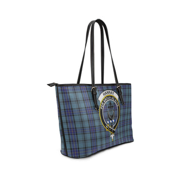 Hannay Blue Tartan Leather Tote Bag with Family Crest