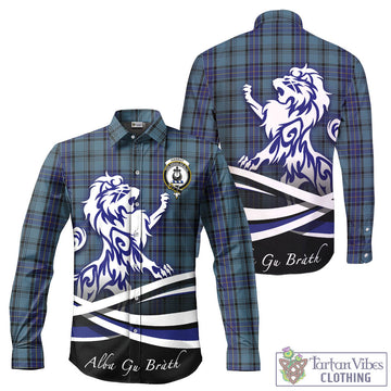 Hannay Blue Tartan Long Sleeve Button Up Shirt with Alba Gu Brath Regal Lion Emblem