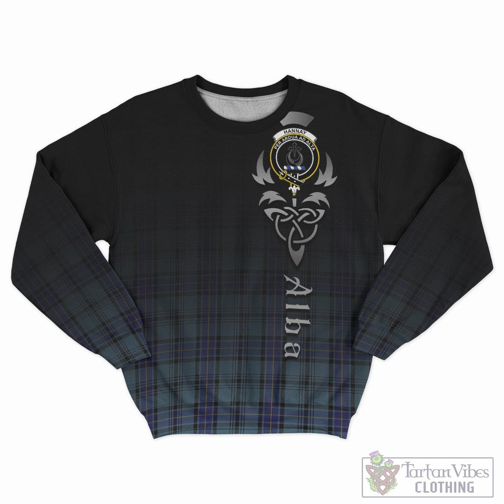 Tartan Vibes Clothing Hannay Blue Tartan Sweatshirt Featuring Alba Gu Brath Family Crest Celtic Inspired