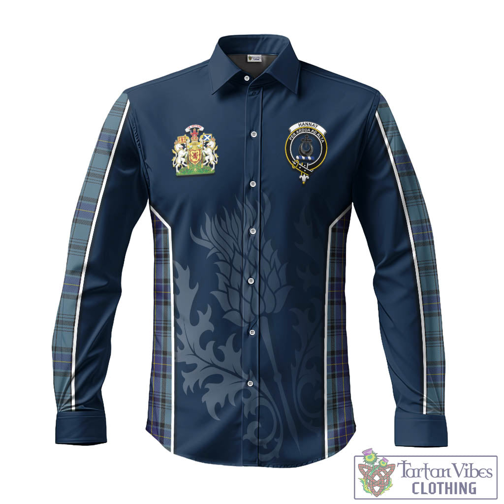 Tartan Vibes Clothing Hannay Blue Tartan Long Sleeve Button Up Shirt with Family Crest and Scottish Thistle Vibes Sport Style