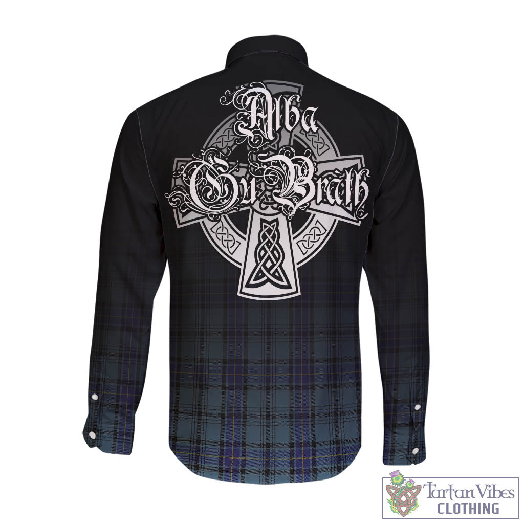 Tartan Vibes Clothing Hannay Blue Tartan Long Sleeve Button Up Featuring Alba Gu Brath Family Crest Celtic Inspired