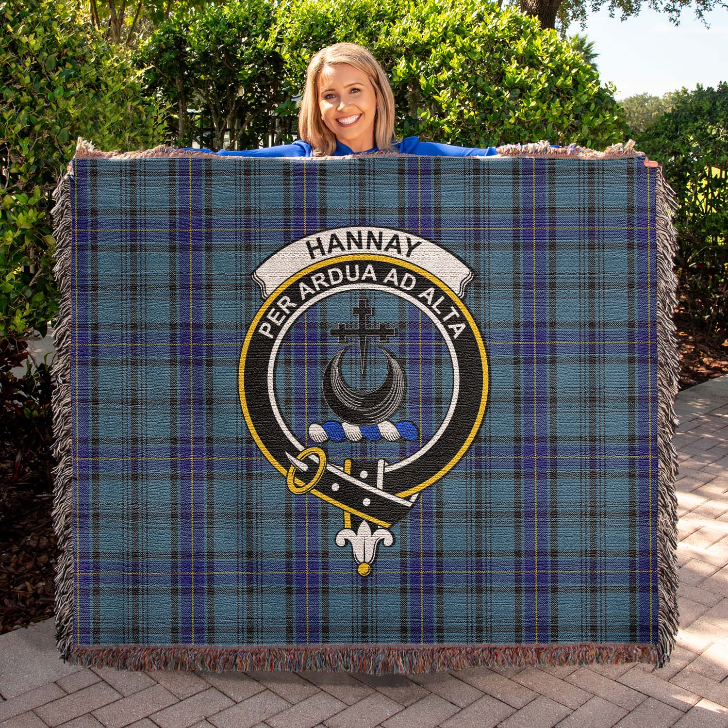 Tartan Vibes Clothing Hannay Blue Tartan Woven Blanket with Family Crest