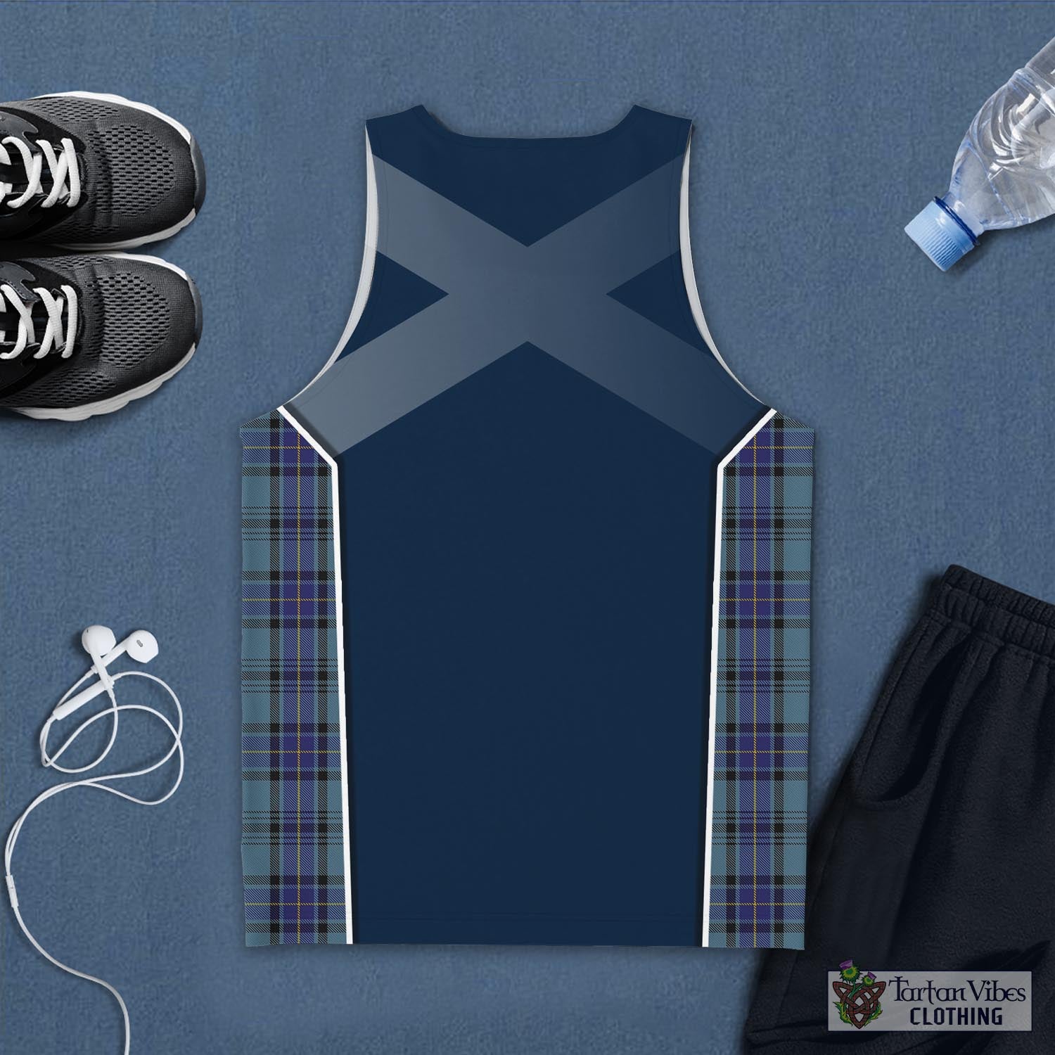 Tartan Vibes Clothing Hannay Blue Tartan Men's Tanks Top with Family Crest and Scottish Thistle Vibes Sport Style