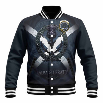 Hannay Clan Crest Baseball Jacket with Celtic Knot Thistle and Saltire