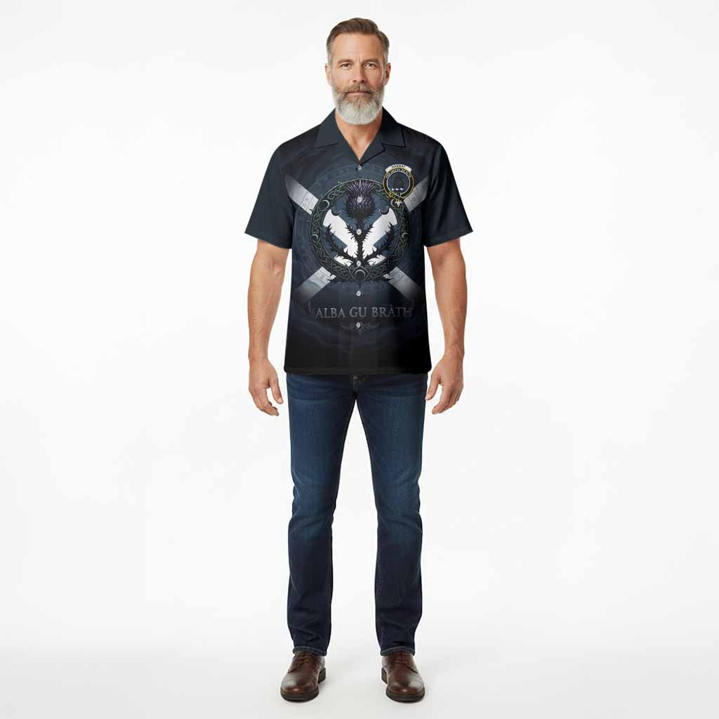 Hannay Clan Crest Hawaiian Shirt with Celtic Knot Thistle and Saltire