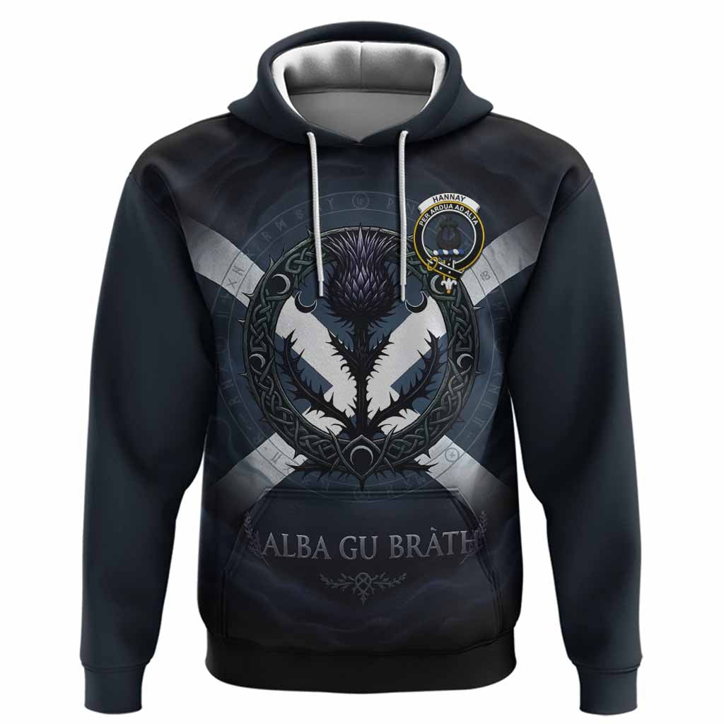 Hannay Clan Crest Hoodie with Celtic Knot Thistle and Saltire
