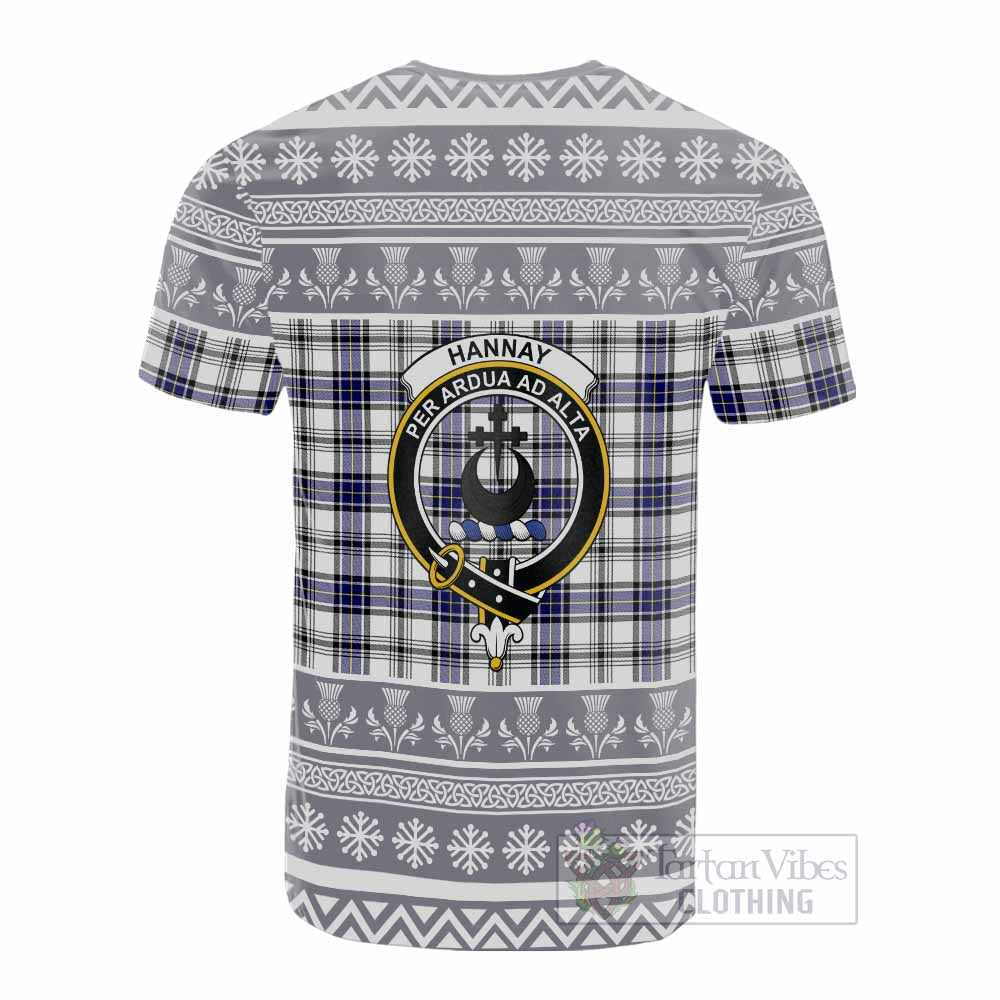 Hannay Clan Tartan Christmas Cotton T-shirt with Family Crest - Tartan Vibes Clothing