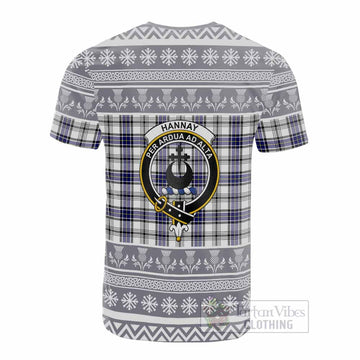 Hannay Clan Tartan Christmas Cotton T-shirt with Family Crest