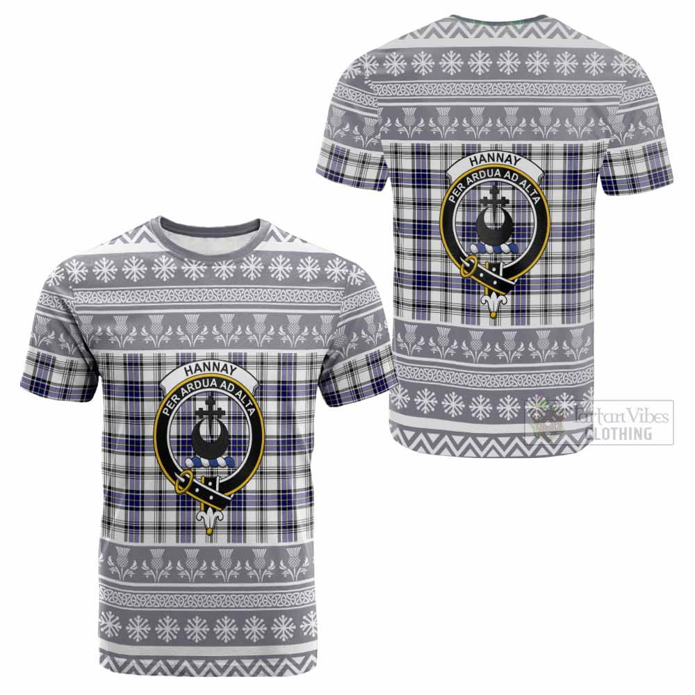 Hannay Clan Tartan Christmas Cotton T-shirt with Family Crest - Tartan Vibes Clothing