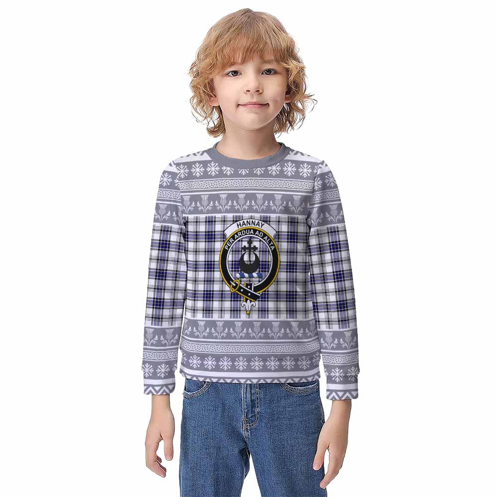 Hannay Clan Tartan Christmas Kid Ugly Sweatshirt with Family Crest - Tartan Vibes Clothing