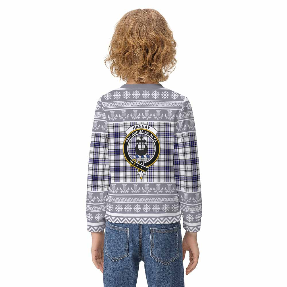 Hannay Clan Tartan Christmas Kid Ugly Sweatshirt with Family Crest - Tartan Vibes Clothing
