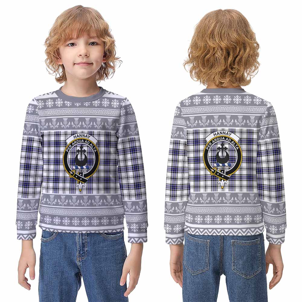 Hannay Clan Tartan Christmas Kid Ugly Sweatshirt with Family Crest - Tartan Vibes Clothing