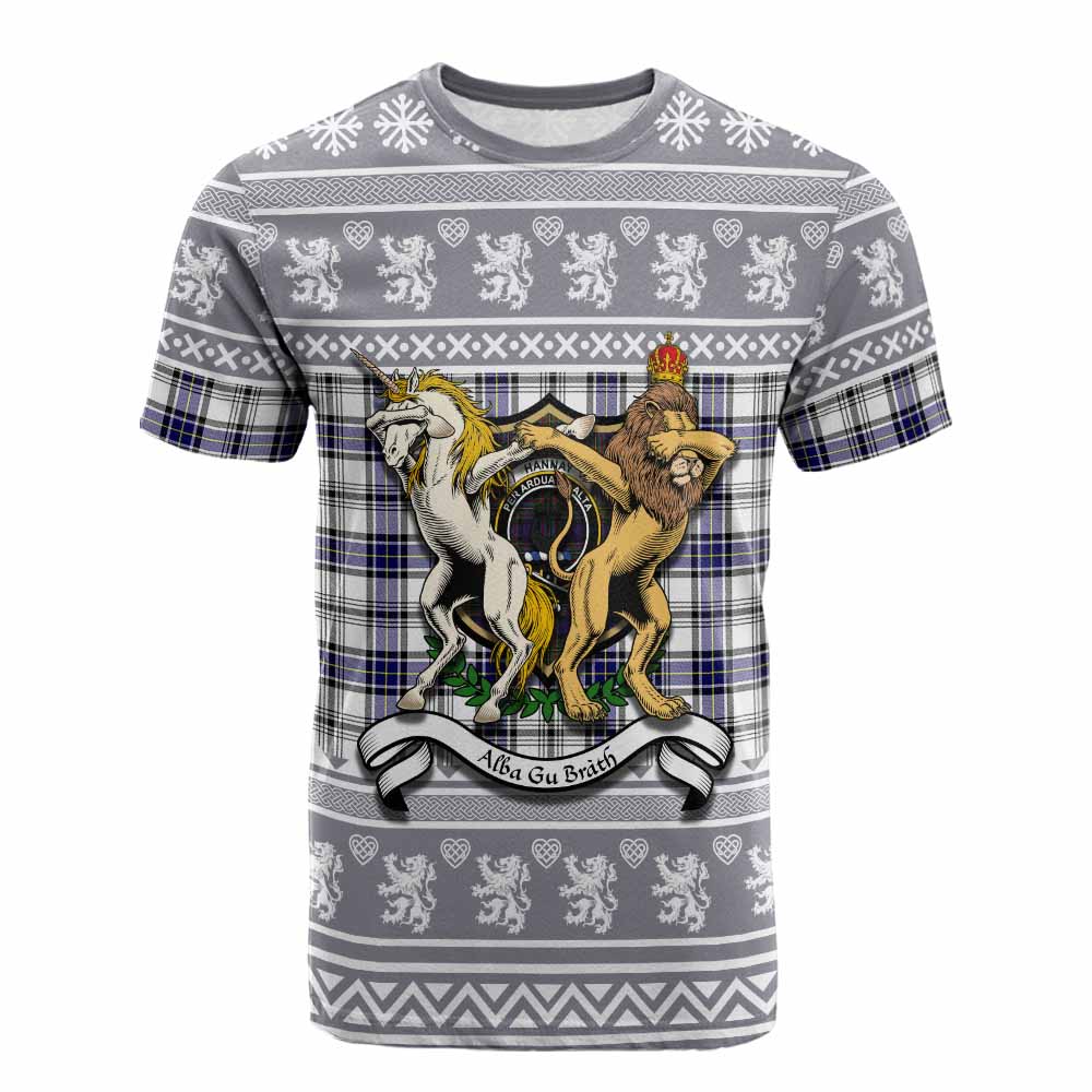 Hannay Clan Tartan Crest Christmas Cotton T-shirt Coat of Arms Funny Style - Tartan Vibes Clothing