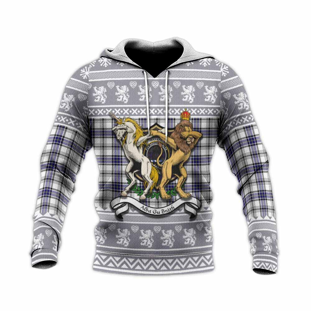 Hannay Clan Tartan Crest Christmas Knitted Hoodie Coat of Arms Funny Style - Tartan Vibes Clothing