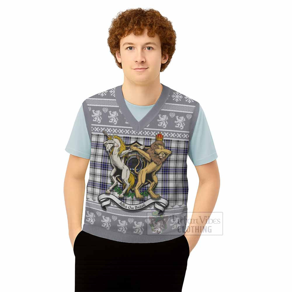 Hannay Clan Tartan Crest Christmas Knitted V-Neck Vest Coat of Arms Funny Style - Tartan Vibes Clothing