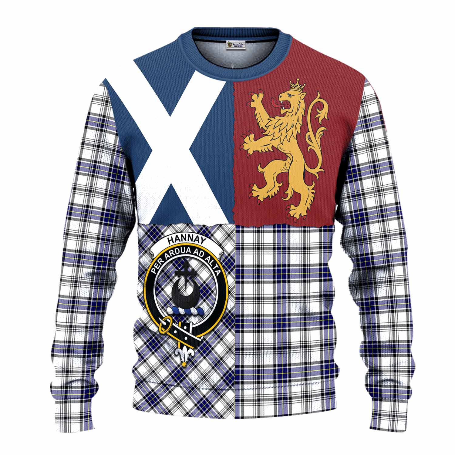 Hannay Crest Tartan Knitted Sweater with Lion Rampant Saltire Style