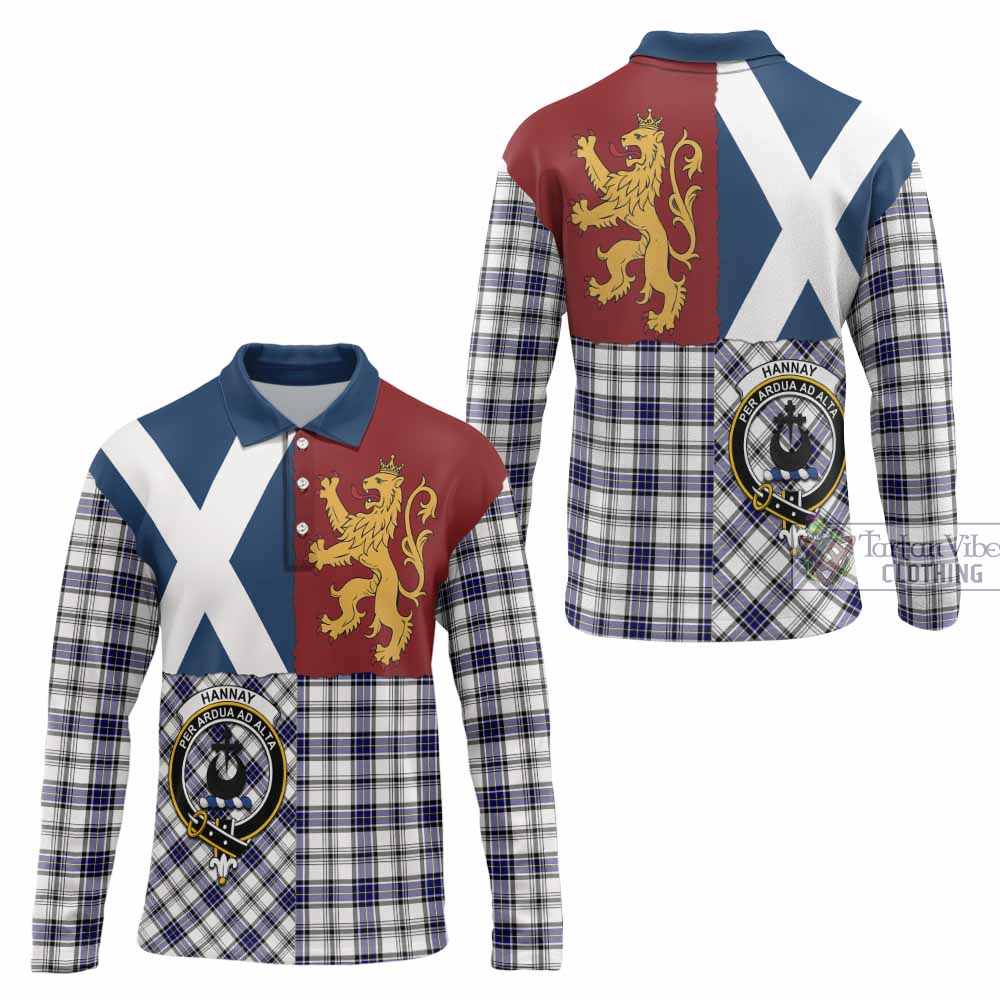 Hannay Crest Tartan Long Sleeve Polo Shirt with Lion Rampant Saltire Style