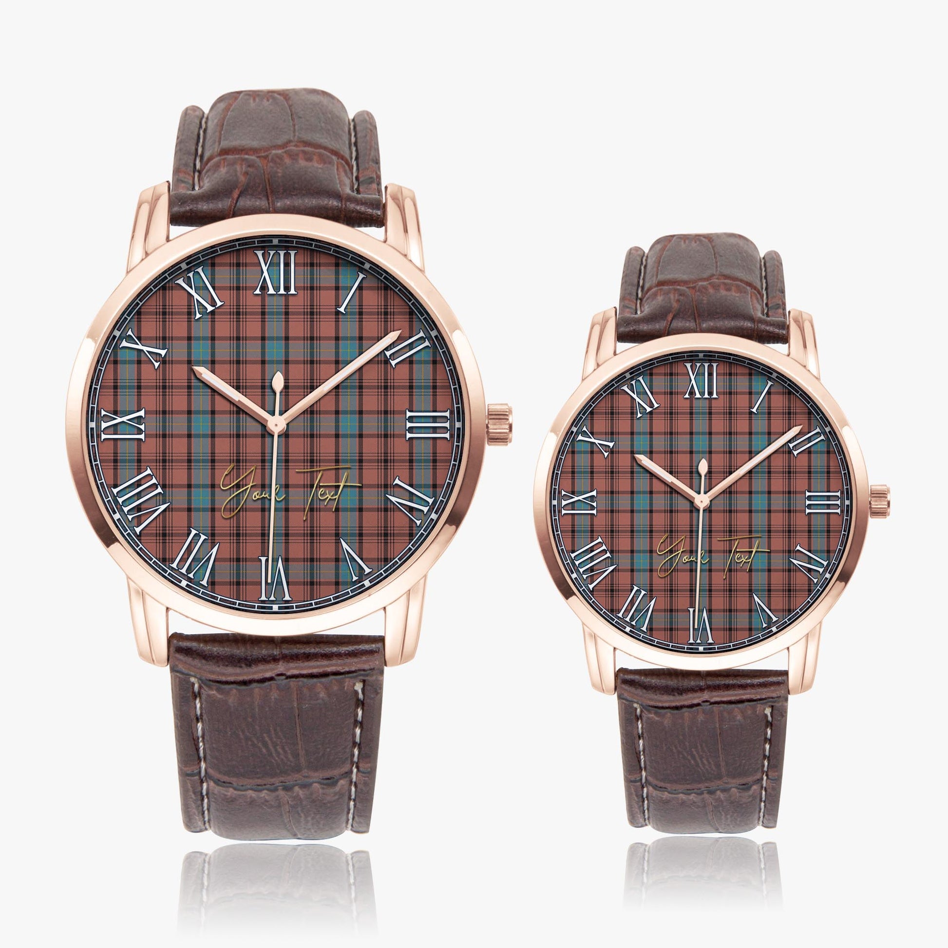 Hannay Dress Tartan Personalized Your Text Leather Trap Quartz Watch Wide Type Rose Gold Case With Brown Leather Strap - Tartanvibesclothing