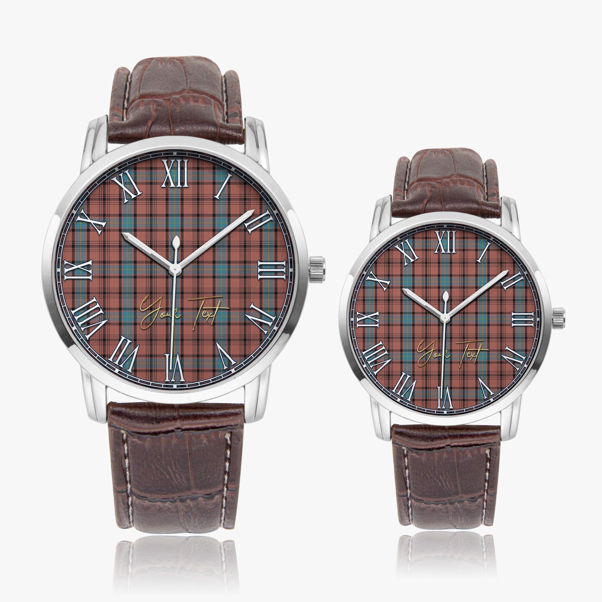 Hannay Dress Tartan Personalized Your Text Leather Trap Quartz Watch Wide Type Silver Case With Brown Leather Strap - Tartanvibesclothing