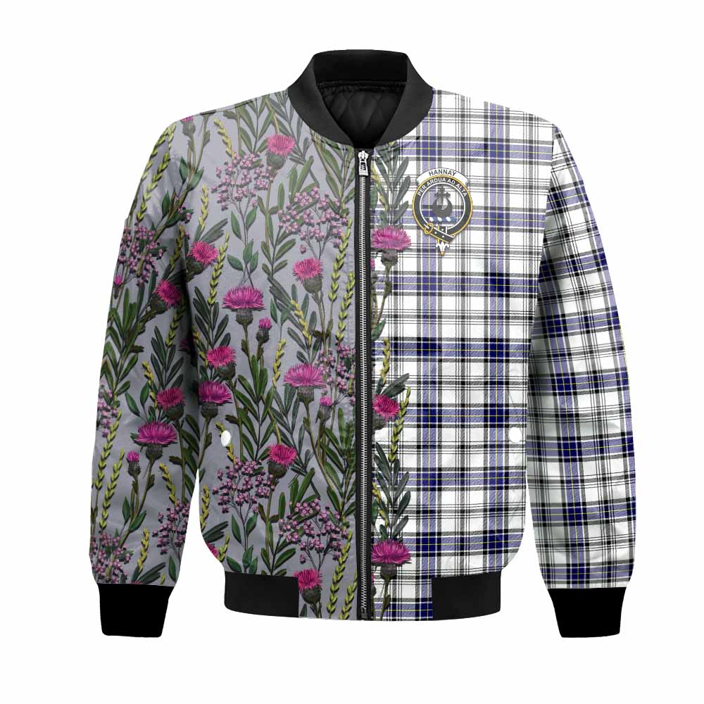 Hannay Family Crest Tartan Bomber Jacket Scottish Thistle Flower Pattern Half Style - Tartan Vibes Clothing