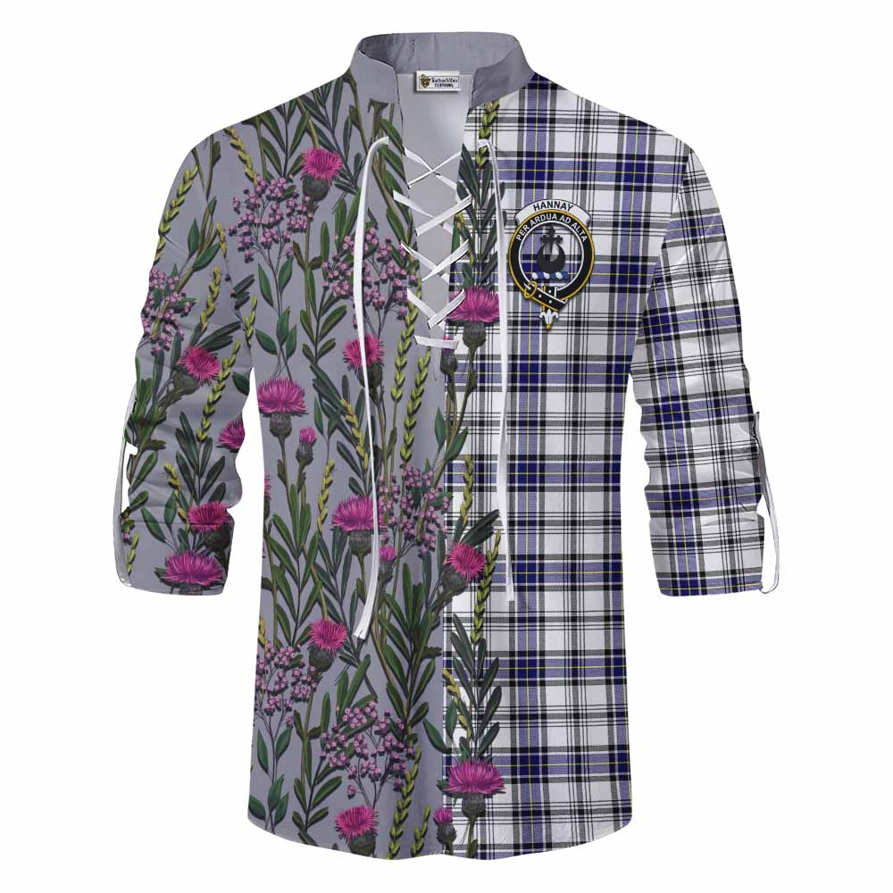 Hannay Family Crest Tartan Ghillie Shirt Scottish Thistle Flower Pattern Half Style - Tartan Vibes Clothing