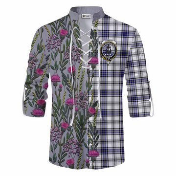 Hannay Family Crest Tartan Ghillie Shirt Scottish Thistle Flower Pattern Half Style